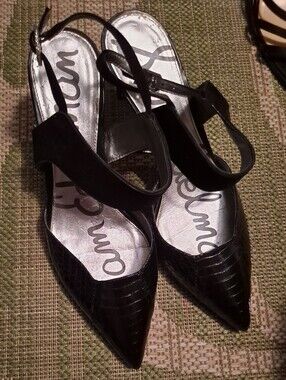 Sam Edelman Black Pointed Faux-Croc Slingback Heels